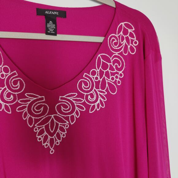 Alfani Women's Sz XL Bright Pink Boho Tiered Flare Sleeve Embroidered Mesh Top - Picture 2 of 7